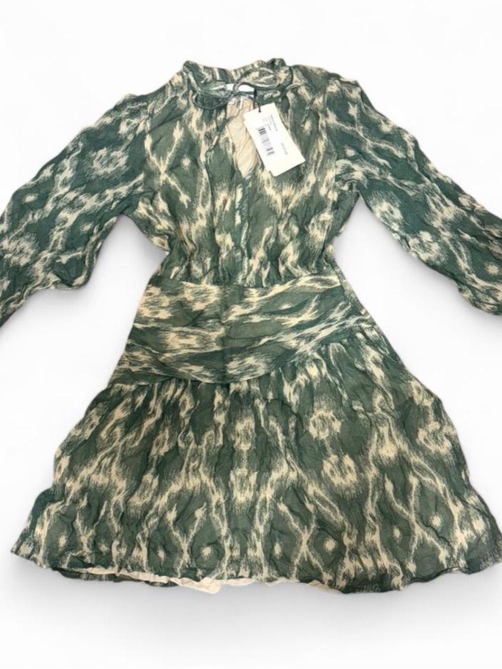 ba&sh Green and Cream Printed Mini Dress with Adjustable Ties